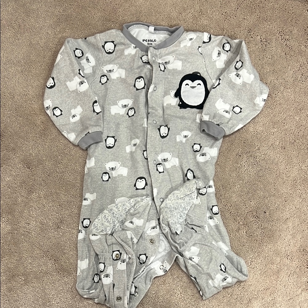 Gray and White Penguin Footies One Piece